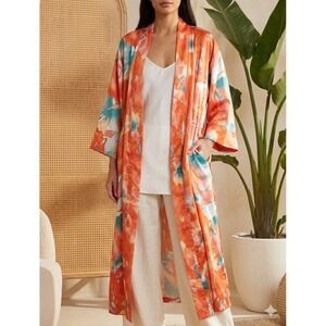 NATORI Satin Robe Duster Kimono XL Orange abstract floral BOHO maximalist Resort